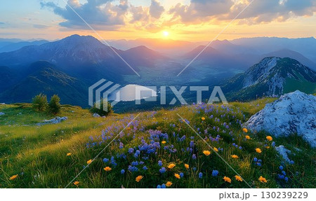 Mountain Meadow Sunset Over Alpine Lake Mountain Meadow Sunset Over Alpine Lake 130239229