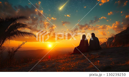 Two Figures Contemplating a Dramatic Sunset with a Meteor 130239250