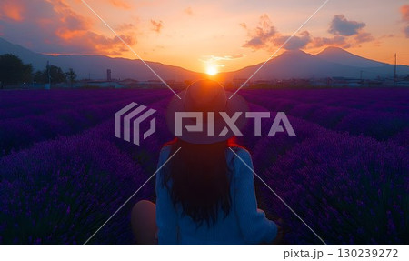 Lavender Field Serenity: Woman Gazing at Mountain Sunset 130239272