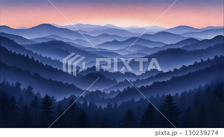 Serene Twilight Mountainscape: Misty Blue Ridge at Dusk 130239274