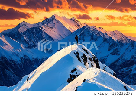 Solitary Hiker on Snowy Peak at Sunset with Fiery Skies and Dist Solitary Hiker on Snowy Peak at Sunset with Fiery Skies and Dist 130239278