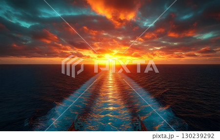 Majestic Sunset Over the Ocean's Horizon with a Ship's Wake 130239292