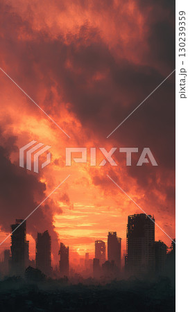 Destroyed city skyline, sunset, smoke, dramatic sky, silhouette, apocalyptic mood 130239359