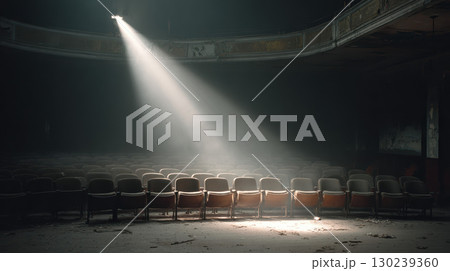 Abandoned theater dusty empty seats spotlight dramatic moody nostalgic decayed silence 130239360