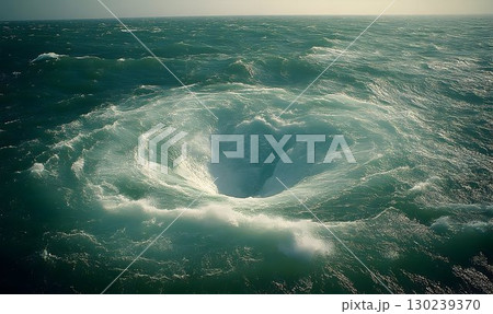 Oceanic Vortex: A Whirlpool's Turbulent Embrace in Deep Teal Wat 130239370