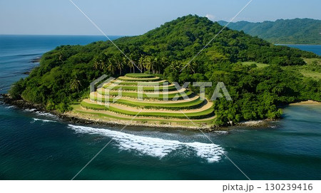 Aerial View of Terraced Golf Course on Lush Tropical Island Coas Aerial View of Terraced Golf Course on Lush Tropical Island Coas 130239416
