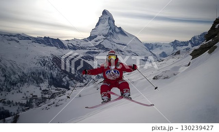 Joyful Skier in Red Suit Glides Down Snowy Slope with Matterhorn 130239427