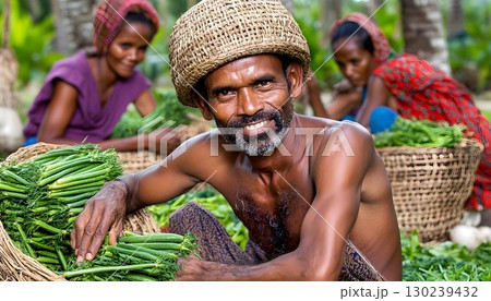 Smiling Farmer with Fresh Produce in a Rural Market 130239432