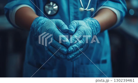 Gloved hands forming a heart shape, stethoscope visible, medical 130239461