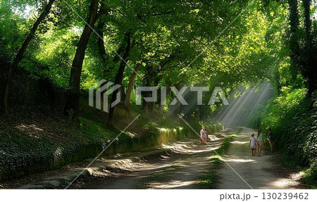 Sun-Drenched Path Through Verdant Forest with People Walking in 130239462