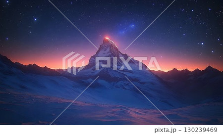 Majestic Mountain Peak Illuminated Under a Starry Night Sky with 130239469
