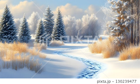 Winter Wonderland Path Through Snowy Forest 130239477