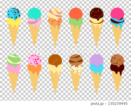 アイスクリーム　コーン　アイス　イラスト　セット（ バニラ　チョコレート　抹茶　ストロベリ） 130239495