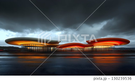 Modern Architectural Marvel Under Stormy Skies with Dramatic Ora 130239536