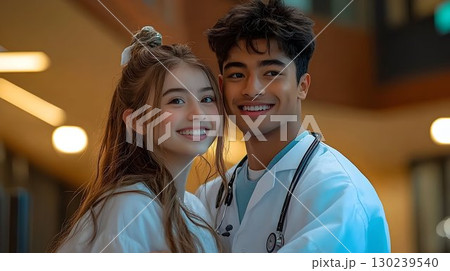 Smiling Young Couple in Medical Attire, Warm Lighting Smiling Young Couple in Medical Attire, Warm Lighting 130239540