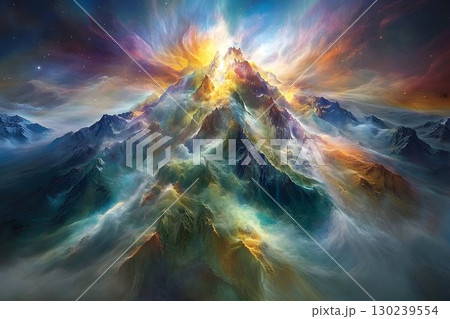 Majestic Mountain Peaks Erupting with Celestial Light and Swirli 130239554