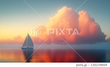 Serene Sailboat Journey at Sunset with Towering Pink Clouds Refl 130239604