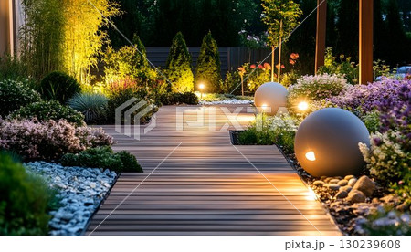 Illuminated Garden Path with Spherical Lights and Lush Plantings 130239608