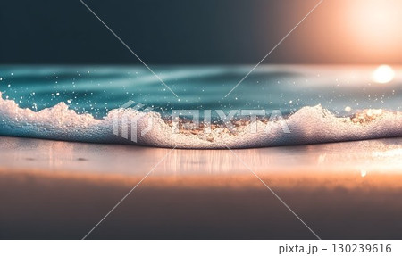 Golden Hour Wave Cresting on Shoreline with Reflected Sunlight 130239616