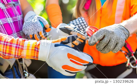 Construction Workers' Hands with Safety Gloves and Bright Clothi 130239626