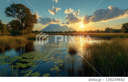 Serene Lake at Sunset with Mountains and Lily Pads Reflecting Go 130239682