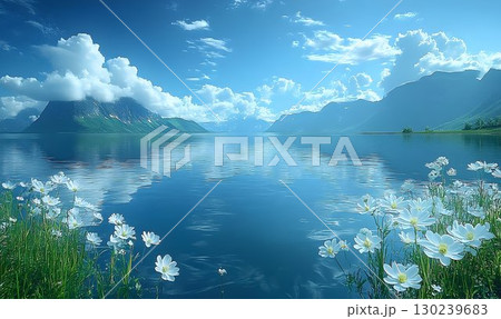 Serene Mountain Lake Scene with White Cosmos Flowers 130239683