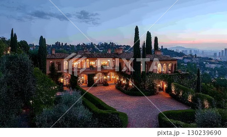 Luxurious Mansion Illuminated at Dusk with City Skyline Backdrop 130239690