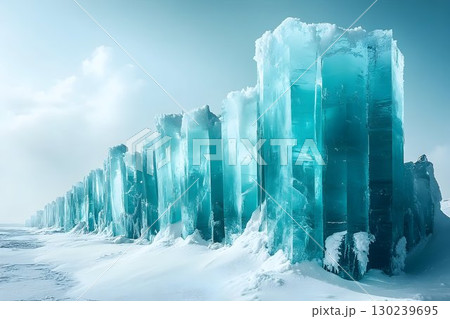 Frozen turquoise ice pillars rise from the snowy landscape under 130239695