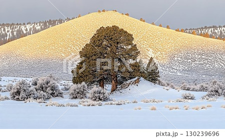 Winter Sunrise on a Snowy Hillside with Frosted Shrubs 130239696
