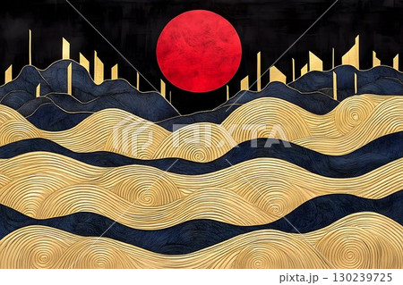 Golden Waves Under a Crimson Sun: Abstract Cityscape with Textur Golden Waves Under a Crimson Sun: Abstract Cityscape with Textur 130239725