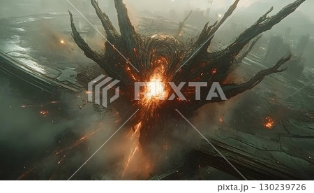 Apocalyptic Cityscape: Eruption of Energy and Destruction with T Apocalyptic Cityscape: Eruption of Energy and Destruction with T 130239726