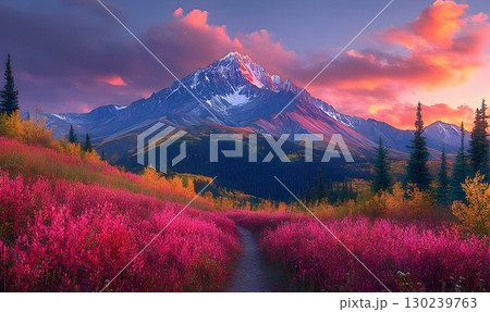 Vivid pink meadow path leads to snow-capped mountain under a dra 130239763