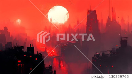 Crimson Cityscape: Silhouetted Buildings Under a Blazing Sun, a 130239766