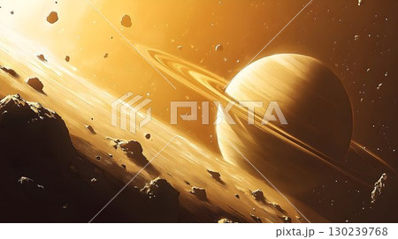 Golden Planet Rings and Asteroid Field Cosmic Scene 130239768