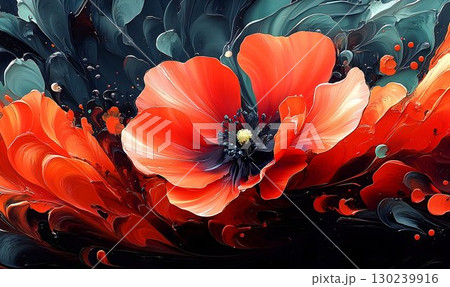 Vivid Red Poppy in Abstract Dark Swirl 130239916