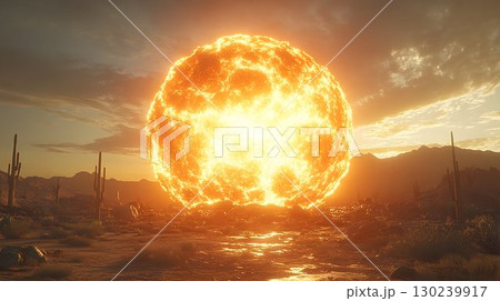 Fiery Orb Dominates Arid Landscape, Casting Intense Glow on Dese 130239917
