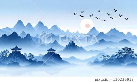 Serene Asian Landscape with Pagodas, Misty Mountains, and Birds 130239918