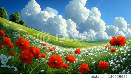 Vibrant Red Poppies in a Rolling Green Field Under Dramatic Clou 130239923