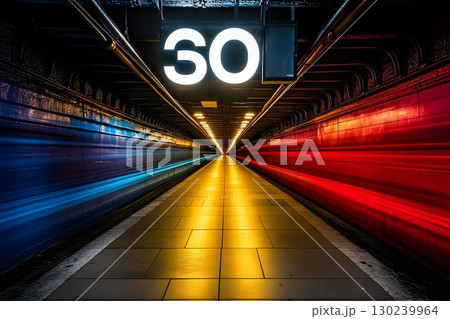 Subway Platform with Blurring Train Lights and Illuminated Signa 130239964