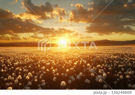 Golden Hour Illuminates a Vast Field of Cotton Grass with Distan 130240009