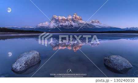 Serene Mountain Reflection at Dawn with Full Moon 130240010