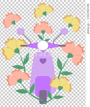 Cute purple scooter surrounded by colorful flowers, front view Cute purple scooter surrounded by colorful flowers, front view 130240146