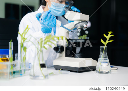 Food science as lab scientists test and analyze vegetables for safety and quality using advanced technology 130240449