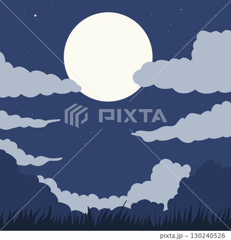 雲間から見える満月とシルエットの草原 130240526