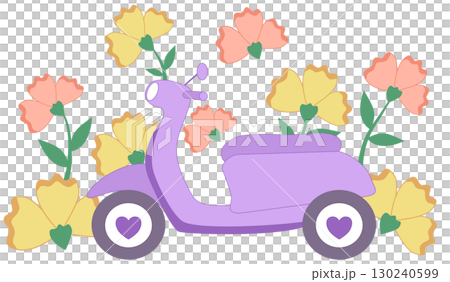 Cute purple scooter surrounded by colorful flowers, side view Cute purple scooter surrounded by colorful flowers, side view 130240599
