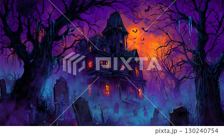 不気味なハロウィンの家と墓地の風景 130240754