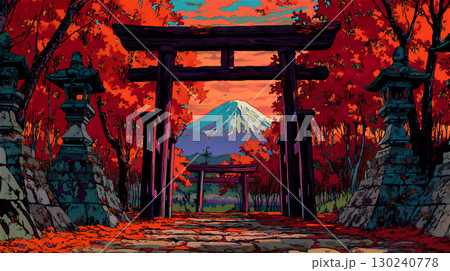 秋の紅葉と富士山を背景にした神社の風景 130240778