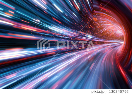 Dynamic abstract image of data packets flowing through network tunnel, showcasing vibrant colors and motion 130240795