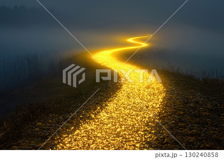 glowing golden path winds through misty landscape, symbolizing success, winner, and victory, evoking sense of hope and inspiration 130240858