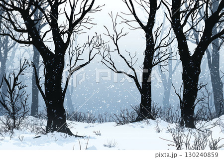 Winter woodland silhouette with bare trees and fresh snow creating serene atmosphere 130240859